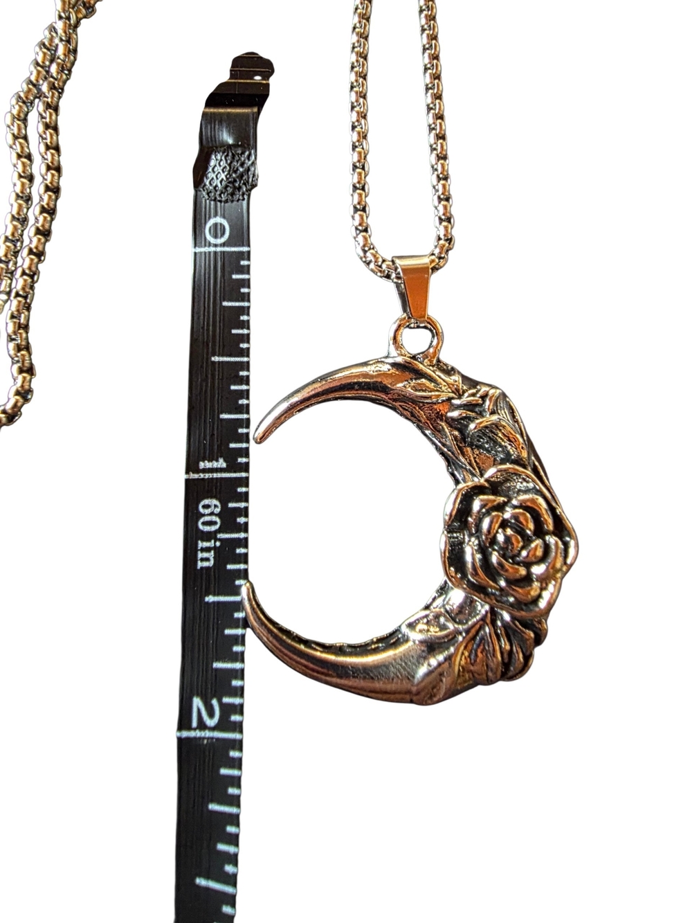New Stainless Steel Crescent Moon Rose Pendant Necklace - Picture 5 of 7
